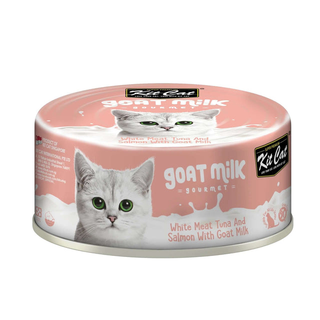 Kit Cat White Meat Tuna Flakes & Salmon with Goat's Milk 70g can, ideal for sensitive cats, grain-free, immune-boosting ingredients.