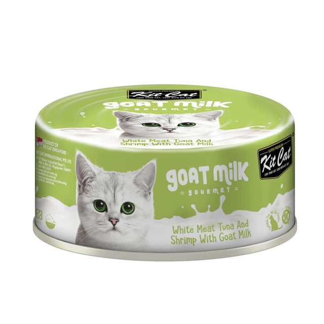 Kit Cat White Meat Tuna Flakes & Shrimp with Goat's Milk 70g, grain-free cat food, perfect for sensitive stomachs.