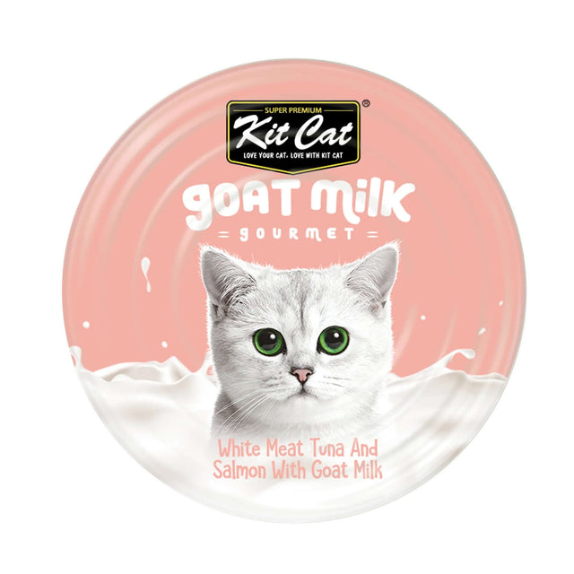 Kit Cat Goat Milk Tuna Flakes and Salmon packaging for cats, featuring a cute white cat on a pink background.