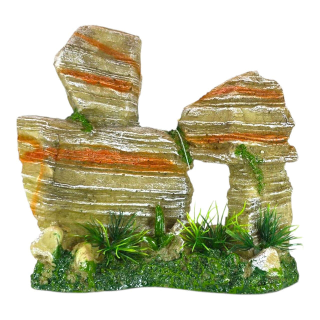 Layered Balancing Rocks Aquarium Ornament with realistic textures and green accents for aquarium decor.