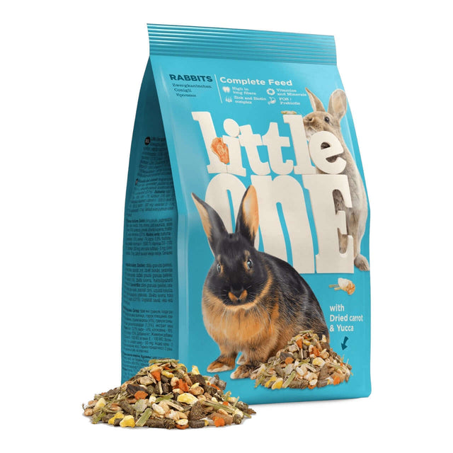 Little One Rabbit Food bag with dried carrots and yucca and mixed feed for healthy rabbits.