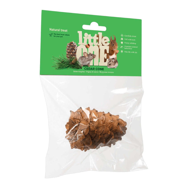 Little One Treat-Toy Cedar Cone in packaging, a natural treat for small pets rich in nutrients and antioxidants.