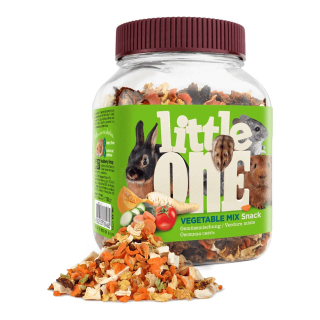 Little One Vegetable Mix Snack 150g jar filled with dried vegetables for pets, featuring carrots, peppers, and tomatoes.