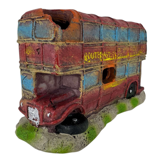 Little Red Bus Aquarium Ornament, London double-decker bus design, adds whimsical charm to aquariums with intricate detail.