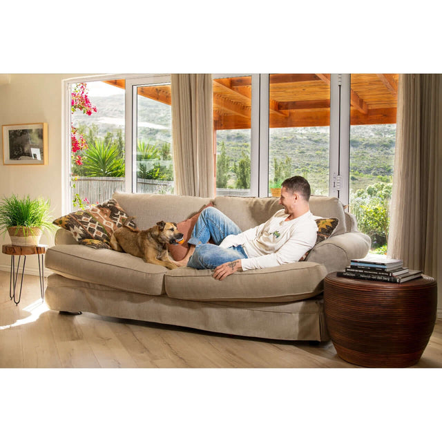Man relaxing on a couch with a dog in a bright living room surrounded by large windows and greenery.