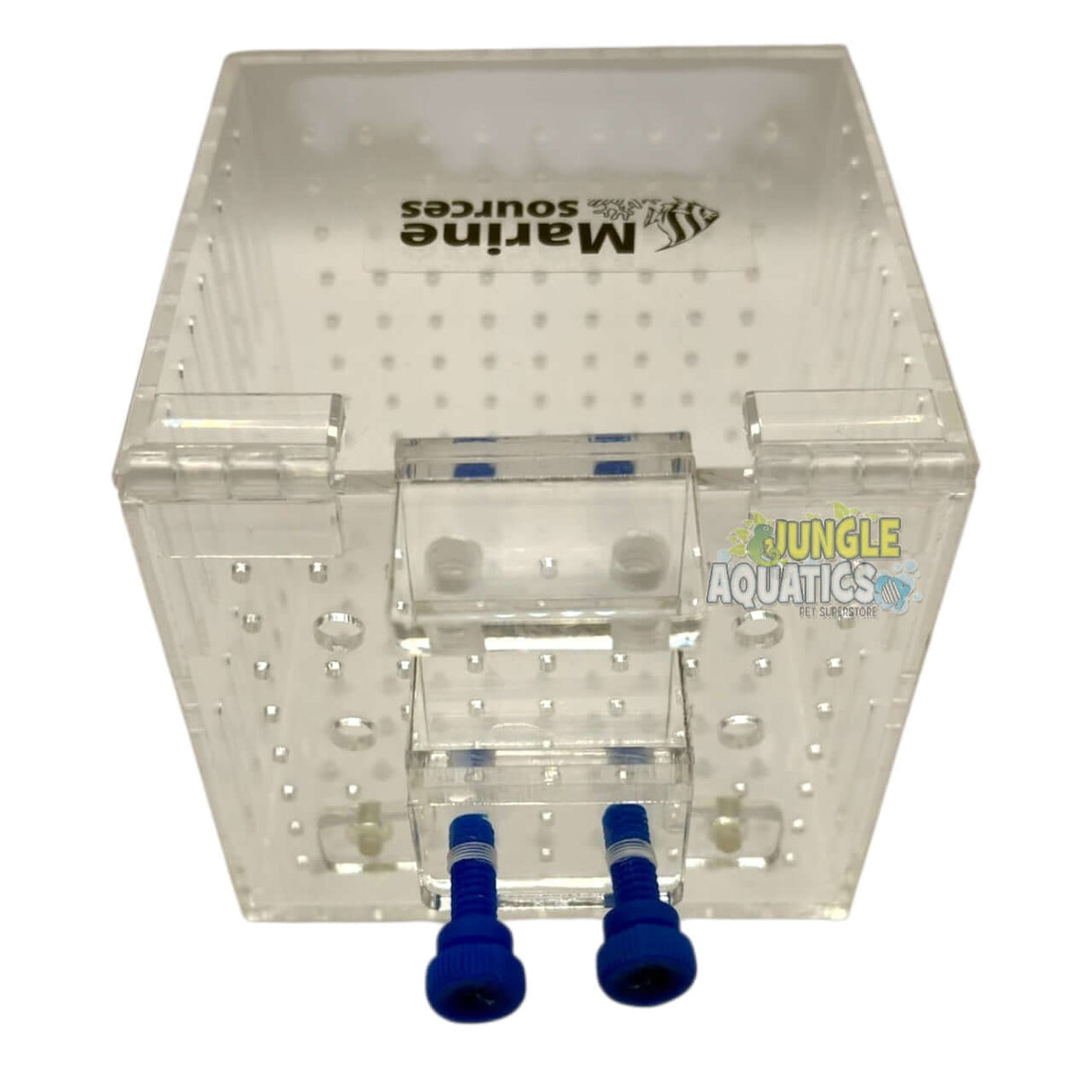 Marine Sources Fish Isolation Box transparent design with blue fittings for aquatic use.