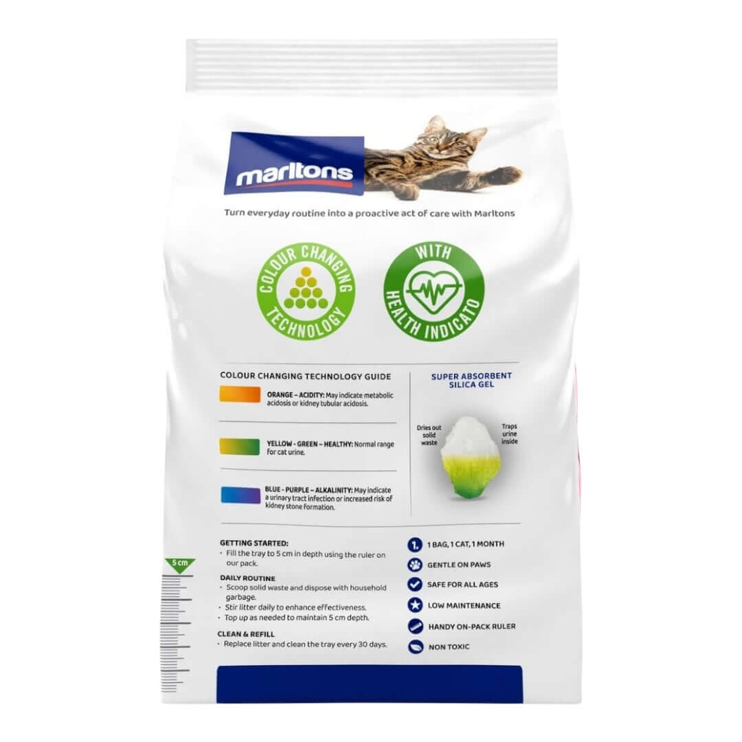 Marltons Micro Crystal Cat Litter 1.5kg with pH health indicator and colour changing technology for optimal pet care.