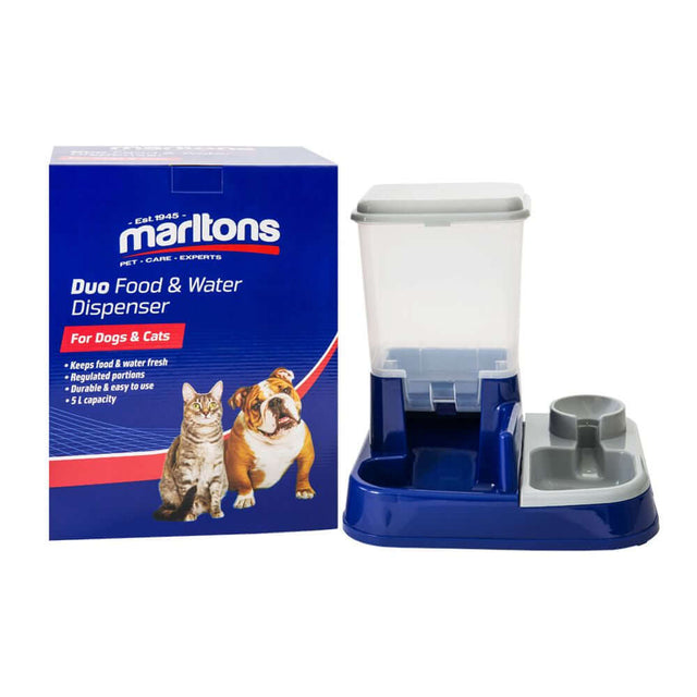 Martlons Duo Food and Water Dispenser for pets, featuring regulated portions and durable design in a sleek blue appearance.
