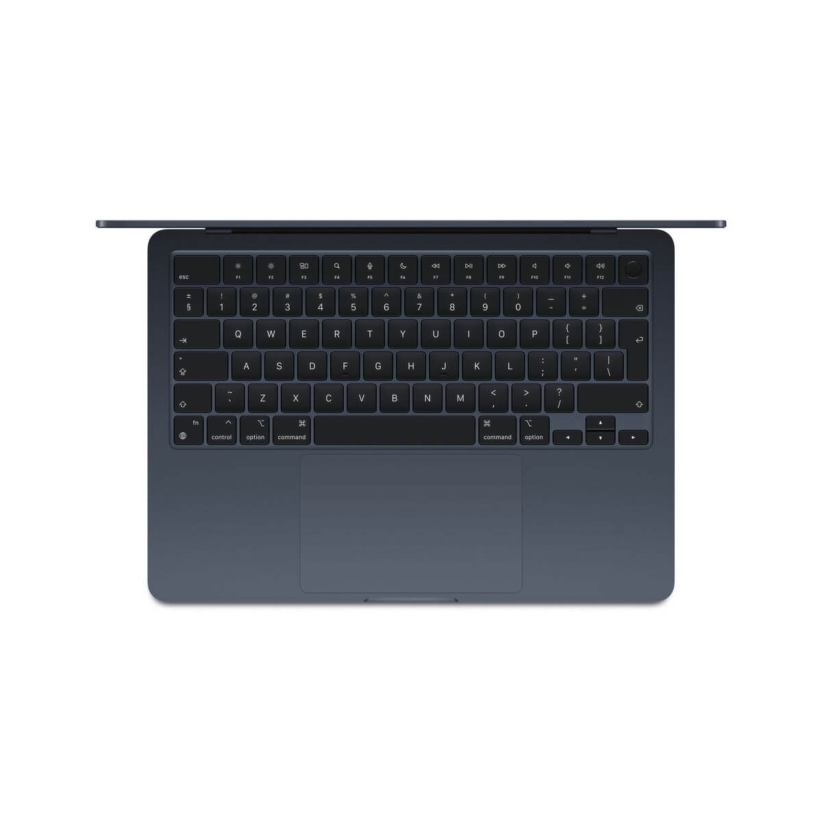Pre-owned Apple MacBook Air 13inch M3 Chip 8 core CPU 10 core GPU, 16GB, 512GB SSD - Midnight top view with keyboard.