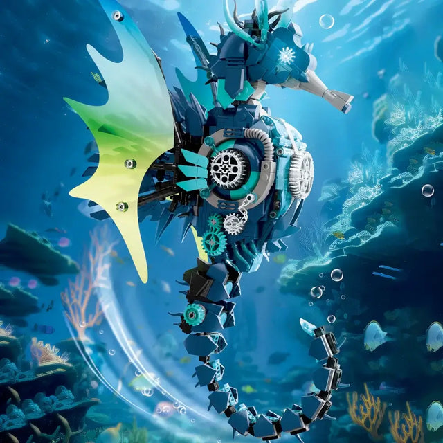 Mechanical Seahorse 7011 LEGO model featuring detailed design and vibrant underwater colors.