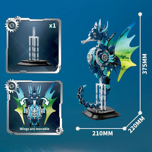 Mechanical Seahorse 7011 model showcasing movable wings and intricate design elements in ocean-inspired colors.