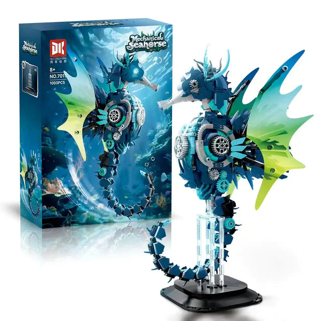 Mechanical Seahorse 7011 model displayed alongside its box, showcasing intricate design and ocean-inspired colors.