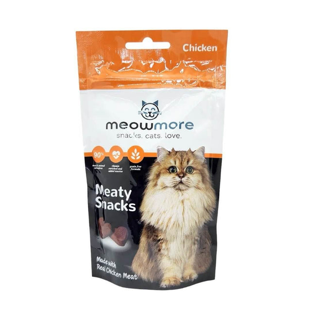 Meow More Meaty Snacks 35g package featuring high-protein chicken treats for cats.