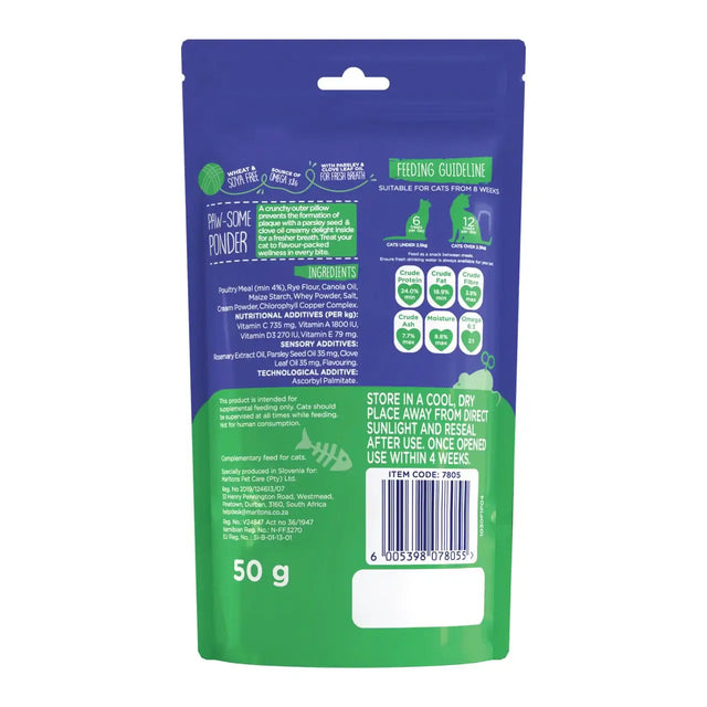 Back of Meow Munchies Crunchy Cat Treats bag with feeding guidelines and ingredient list, 50g packaging.