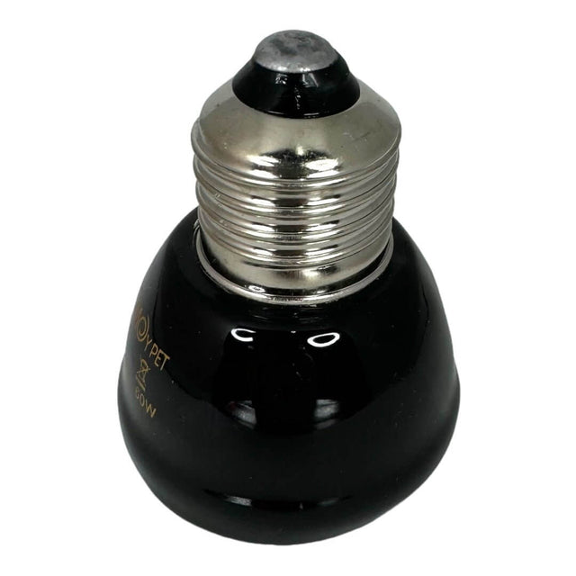 Close-up of a Mini Ceramic Heat Lamp for reptiles, featuring a black ceramic design and an efficient infrared heat source.