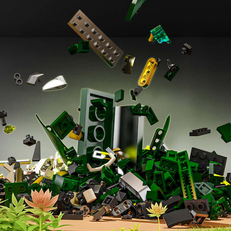 MJI Machinery Crocodile 13056 building blocks in dynamic explosion of pieces and elements for creative projects.