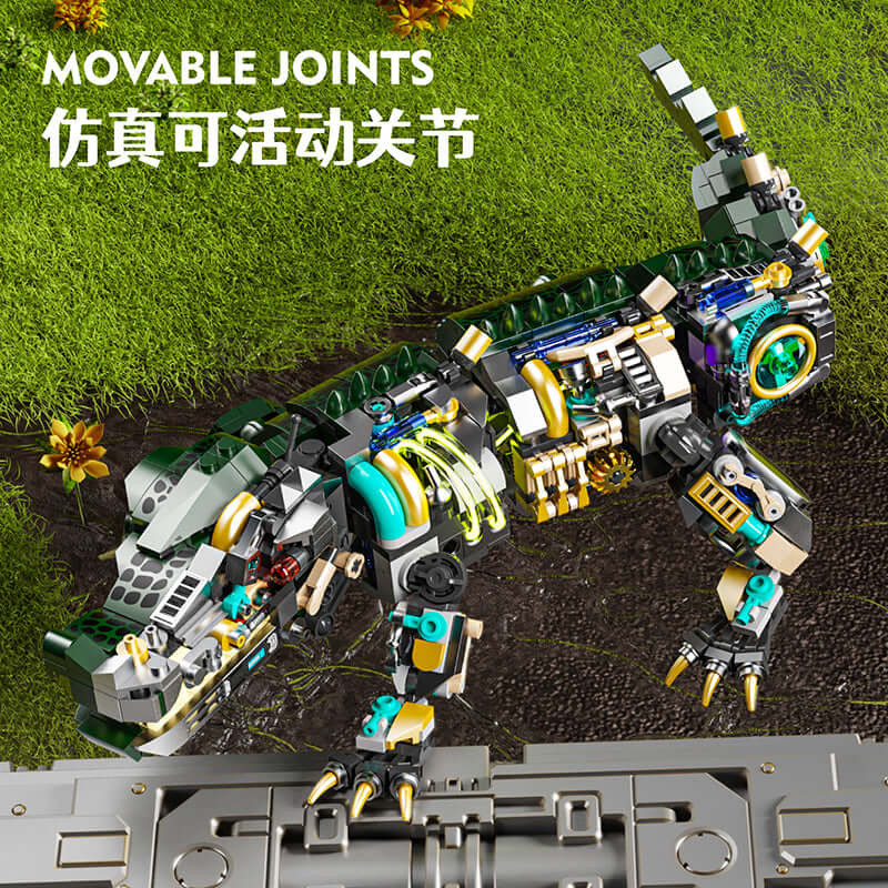 MJI Machinery Crocodile 13056 building blocks with movable joints showcased in a vibrant display setting.