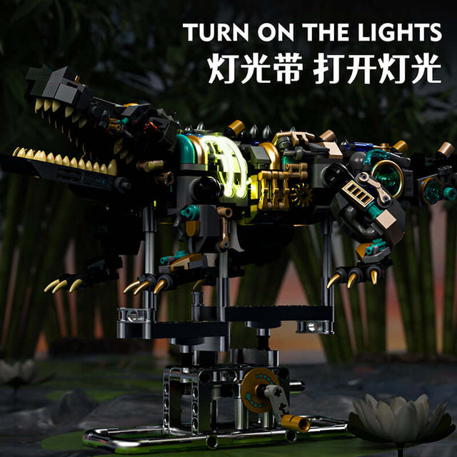 MJI Machinery Crocodile 13056 illuminated model with intricate details and vibrant colors, showcasing unique building elements.