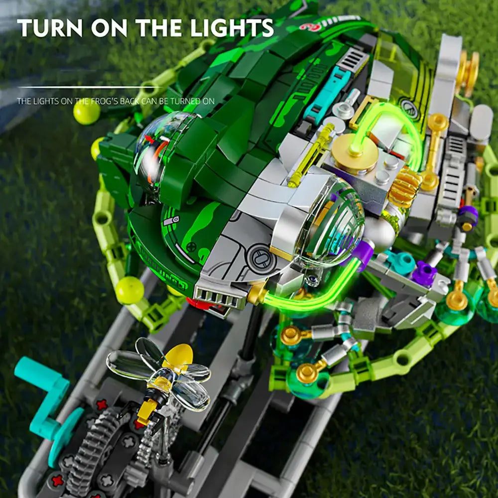 MJI Machinery Frog 13058 with lights activated, showcasing intricate building blocks and accessories for creative builds.