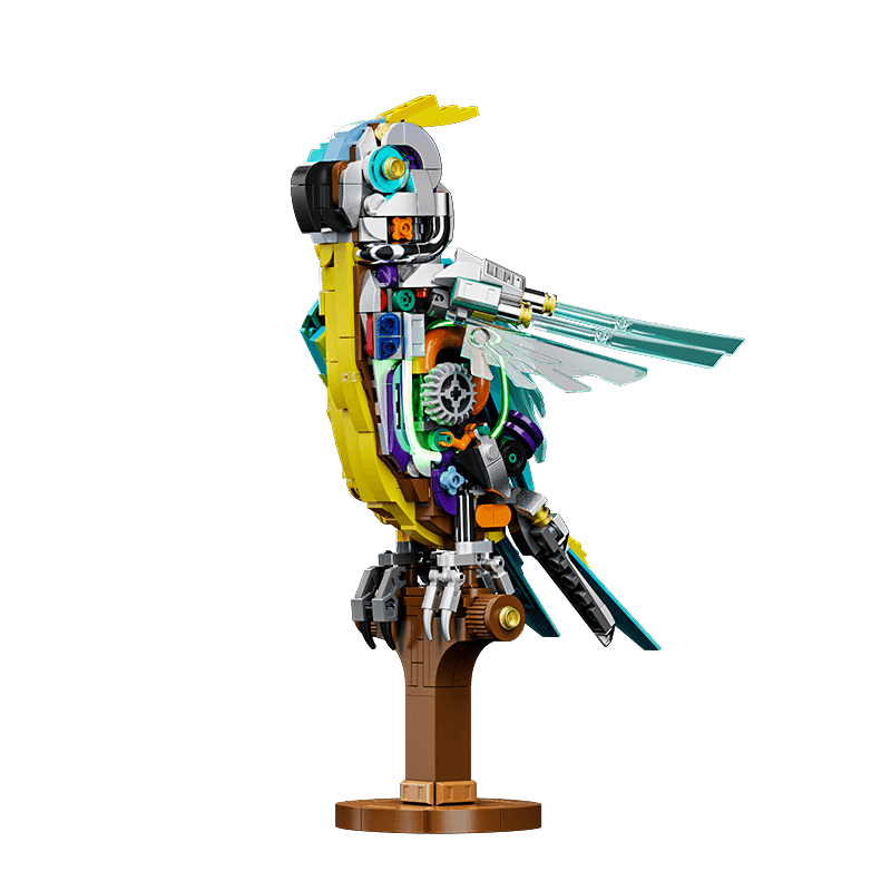 MJI Machinery Parrot 13052 vibrant building blocks parrot model in colorful design, showcasing intricate mechanics and creative construction.
