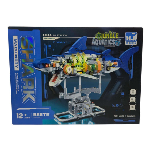 MJI Machinery Shark 13054 building blocks set packaging with detailed components and creativity focus.
