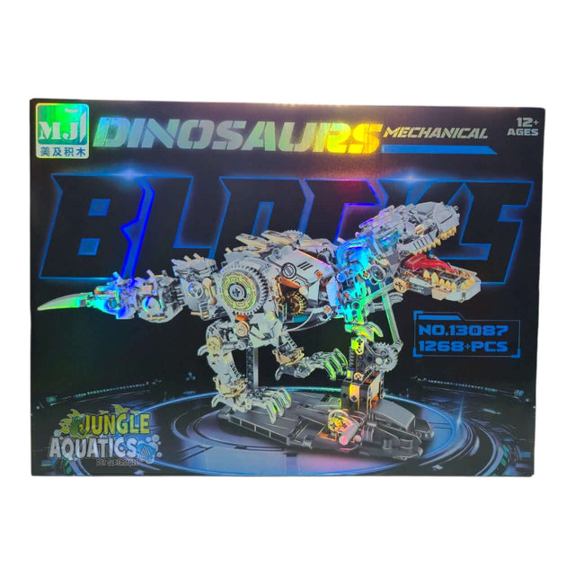 MJI Mechanical Dinosaurs 13087 building blocks set packaging featuring mechanical dinosaur design and branded logo.