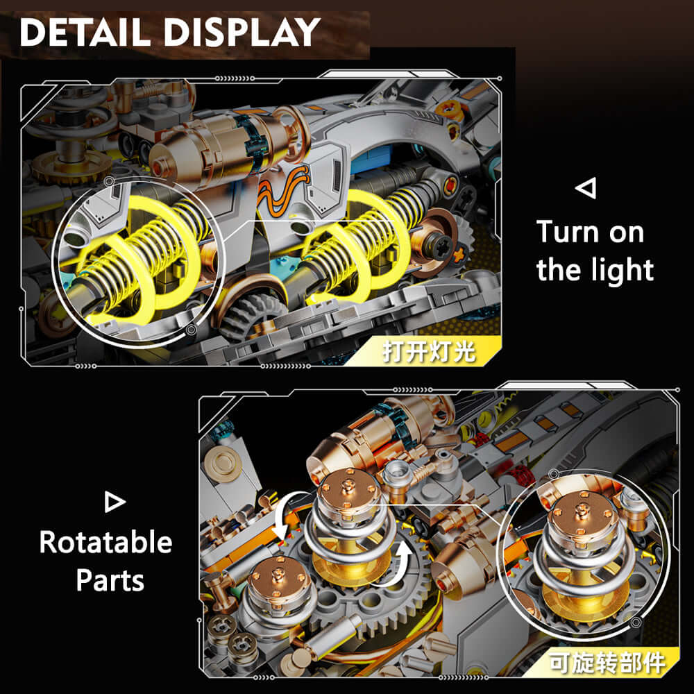 Detail display image showcasing the MJI Mechanical Whale 13059 with rotatable parts and light feature.