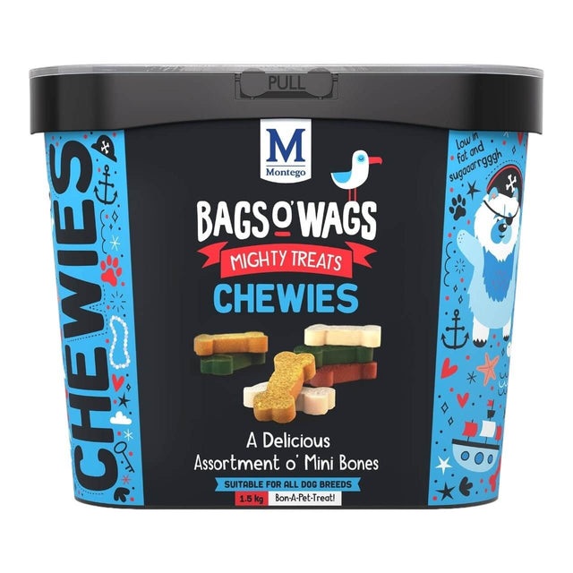 Montego Bags O Wags Chewies dog treat container showcasing a colorful assortment of mini bones, perfect for all dog breeds.