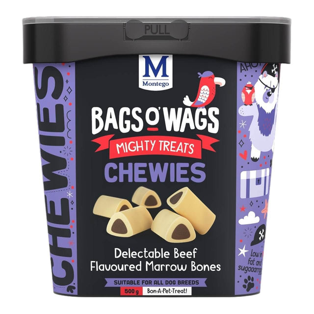Montego Bags O Wags Chewies dog treats container featuring beef-flavored marrow bones, suitable for all dog breeds.