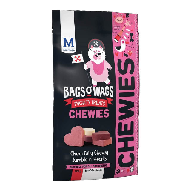Montego Bags O Wags Chewies dog treats packaging featuring colorful jumbled hearts, suitable for all dog breeds.