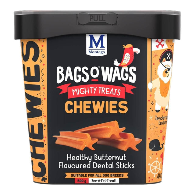 Montego Bags O Wags Chewies dog treats container, healthy butternut flavored dental sticks for all dog breeds.
