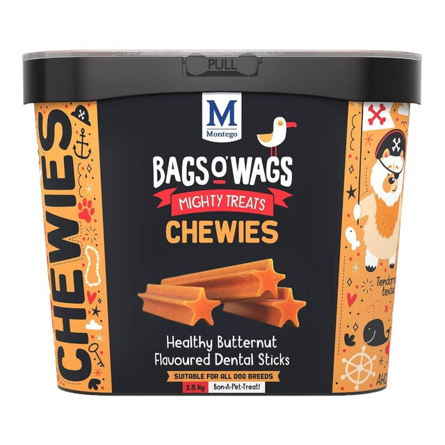 Montego Bags O Wags Chewies dog treats container featuring healthy butternut flavored dental sticks for all dog breeds.