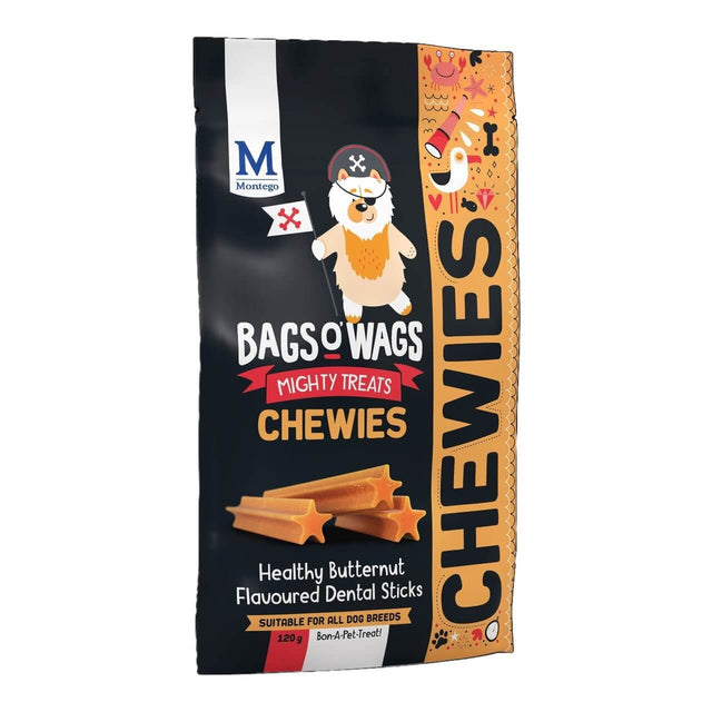 Montego Bags O Wags Chewies dog treats, healthy butternut flavored dental sticks for all dog breeds.