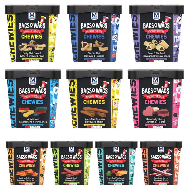 Montego Bags O Wags Chewies dog treats in various flavors and packaging, perfect for rewarding good behavior.