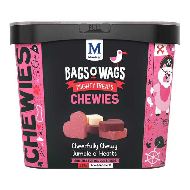 Montego Bags O Wags Chewies dog treats tub with colorful design and assorted chewy heart-shaped treats. Suitable for all dog breeds.
