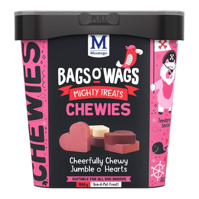 Montego Bags O Wags Chewies dog treats container featuring various chewy shapes, suitable for all dog breeds, 500g.