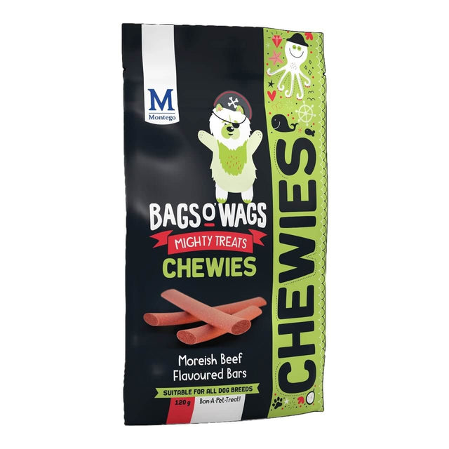 Montego Bags O Wags Chewies dog treats packaging with moreish beef flavored bars, ideal for all dog breeds.