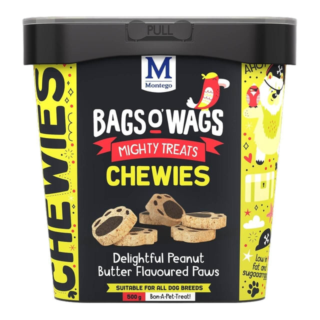 Montego Bags O Wags Chewies dog treats container featuring peanut butter flavored paws, perfect for all dog breeds.