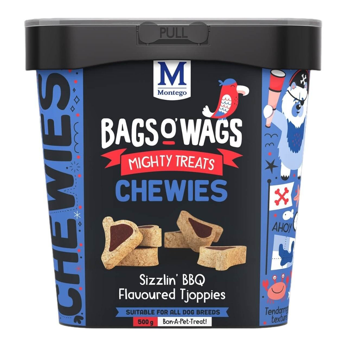 Montego Bags O Wags Chewies dog treats tub with BBQ flavor, featuring tasty, soft and chewy snacks for dogs.