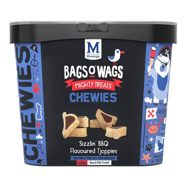 Montego Bags O Wags Chewies dog treats, Sizzlin' BBQ flavored, suitable for all dog breeds, 1.5 kg container.