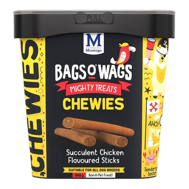 Montego Bags O Wags Chewies dog treats in a container, featuring succulent chicken-flavored sticks suitable for all dog breeds.
