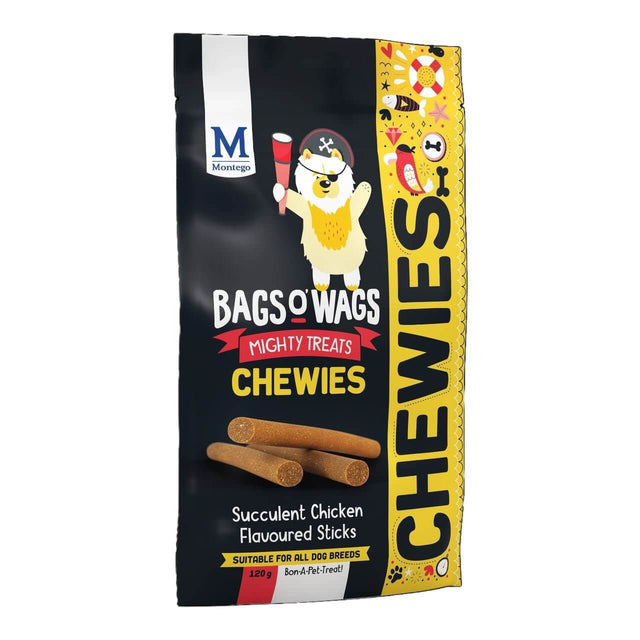 Montego Bags O Wags Chewies dog treats packaging featuring succulent chicken flavored sticks for all dog breeds.