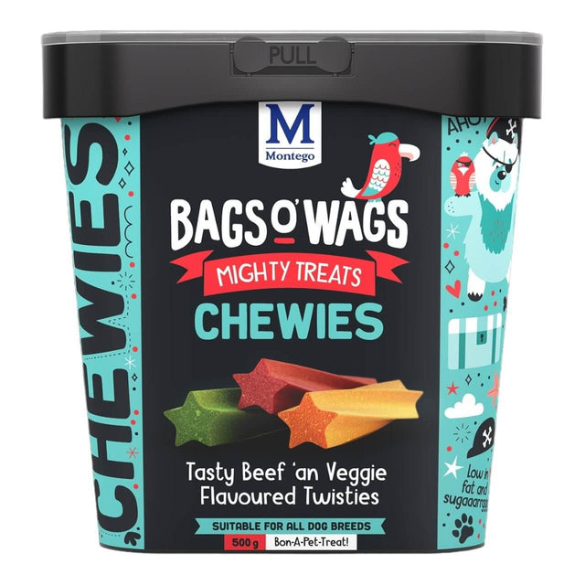 Montego Bags O Wags Chewies dog treats jar featuring tasty beef and veggie flavored twisties, suitable for all dog breeds.