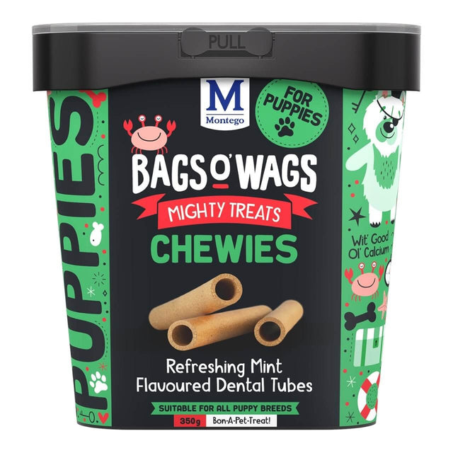 Montego Bags O Wags Chewies for Puppies 350g, mint flavored dental tubes, nutritious treats for dogs.