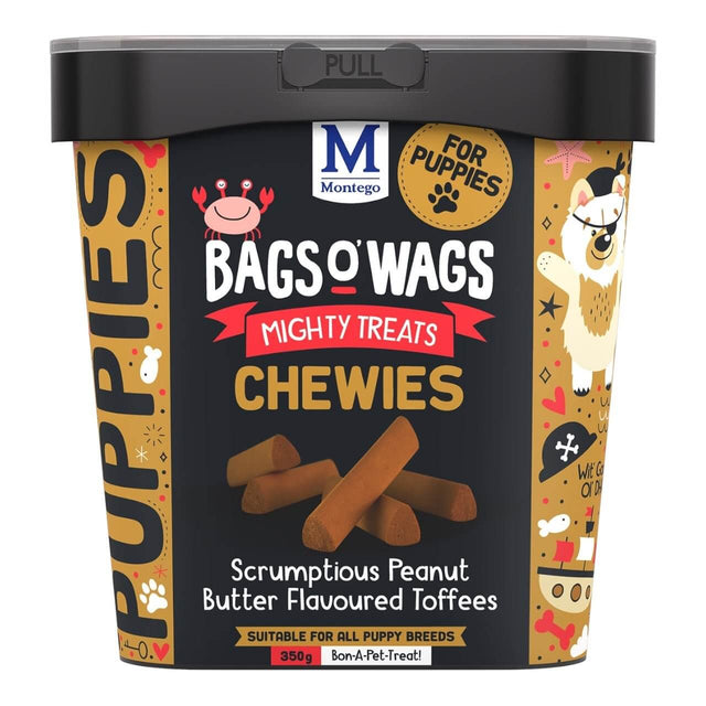 Montego Bags O Wags Chewies for puppies, scrumptious peanut butter flavored treats in a 350g container.