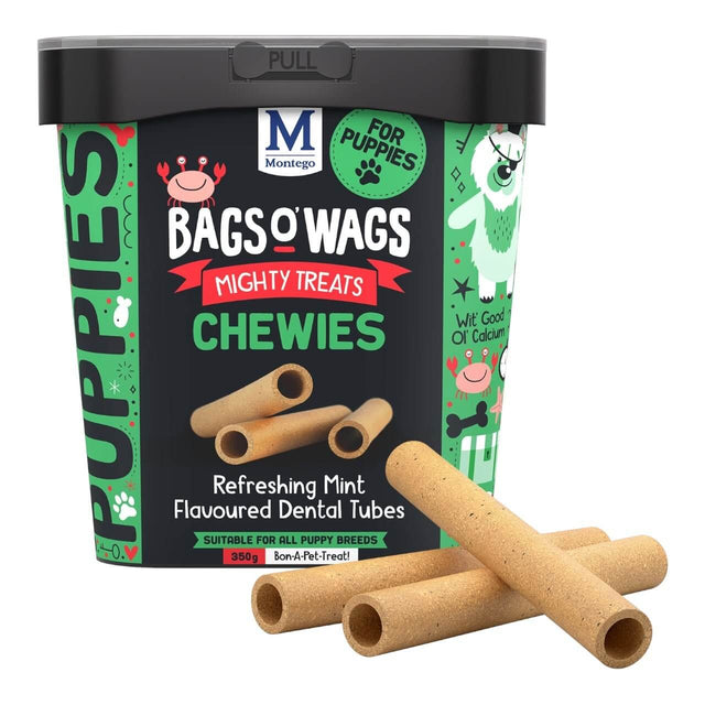 Montego Bags O Wags Chewies for Puppies 350g with mint-flavored dental tubes and vibrant packaging.