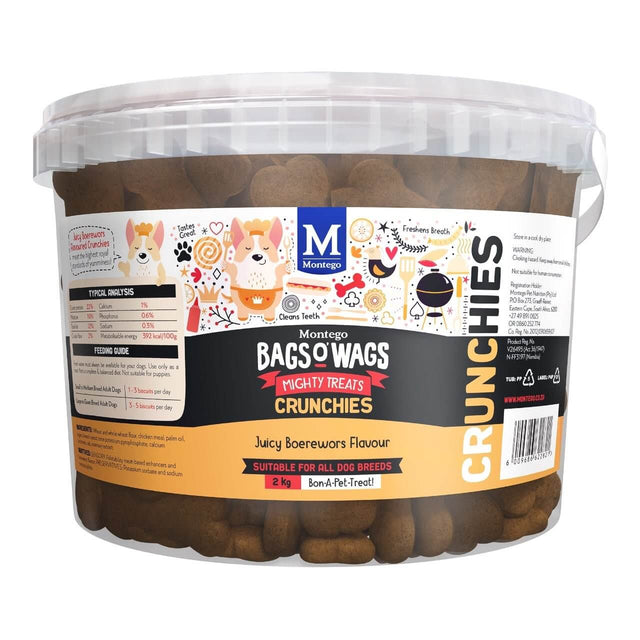 Montego Bags O Wags Crunchies Boerewors 2kg container with dog biscuits, ideal treat for all dog breeds.