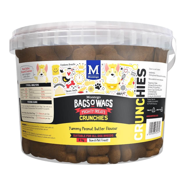 Montego Bags O Wags Crunchies Peanut Butter 2kg tub with dog biscuits, perfect reward treat for all dog breeds.