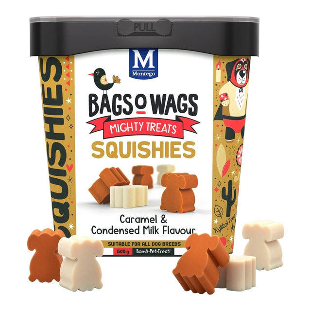 Montego Bags O Wags Squishies treats in a tub, caramel and condensed milk flavor, perfect for all dog breeds, 500g.