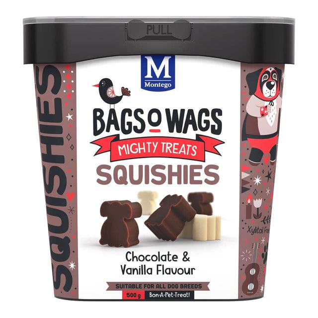 Montego Bags O Wags Squishies 500g tub featuring chocolate and vanilla flavor, perfect treats for dogs.